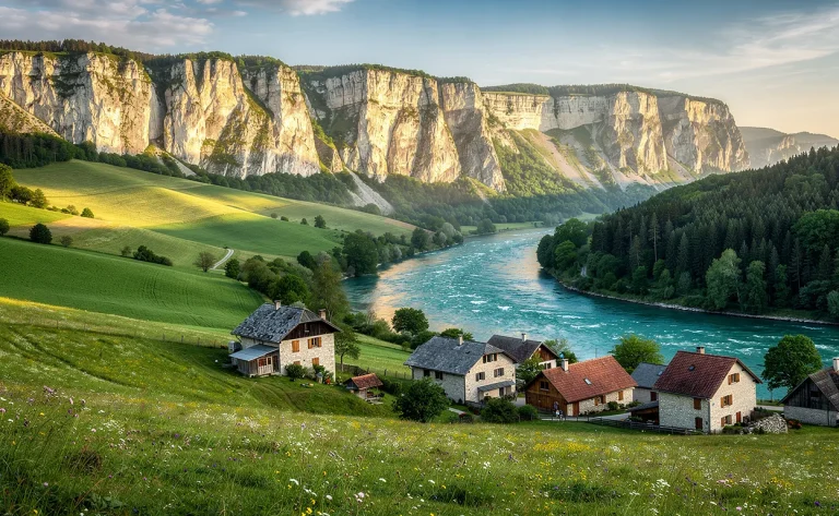 Paysage du Jura méridional avec des collines verdoyantes, des falaises calcaires, une rivière turquoise et des maisons en pierre sous la lumière du soir.