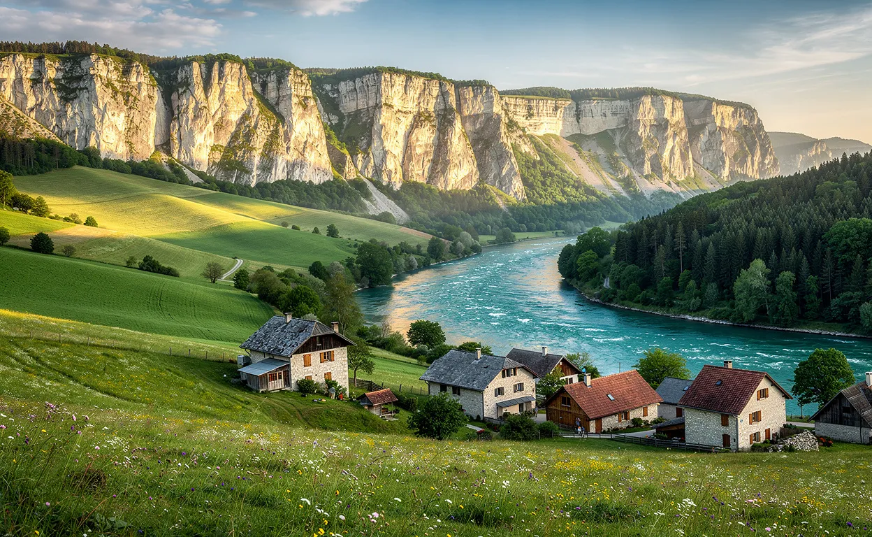 Paysage du Jura méridional avec des collines verdoyantes, des falaises calcaires, une rivière turquoise et des maisons en pierre sous la lumière du soir.