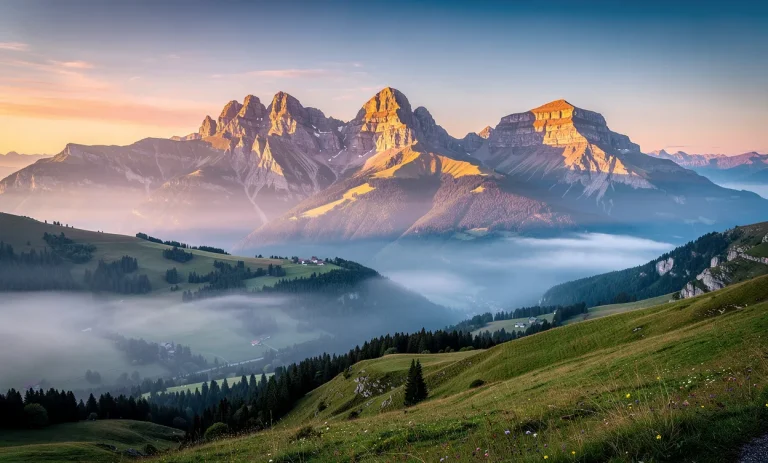 Les sommets du Crêt de la Neige, J1 et La Dôle émergent d’un paysage vallonné du Jura sous la lumière dorée de l’aurore et quelques brumes matinales.