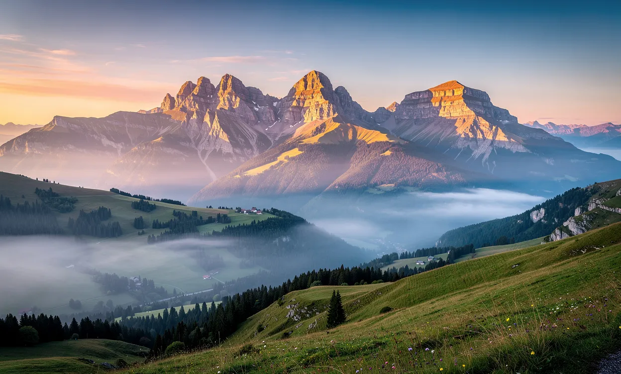 Les sommets du Crêt de la Neige, J1 et La Dôle émergent d’un paysage vallonné du Jura sous la lumière dorée de l’aurore et quelques brumes matinales.