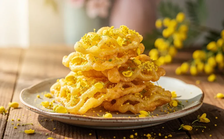 Beignets dorés de fleurs d’acacia empilés sur une assiette en céramique rustique, baignant dans une lumière douce sur une table en bois.
