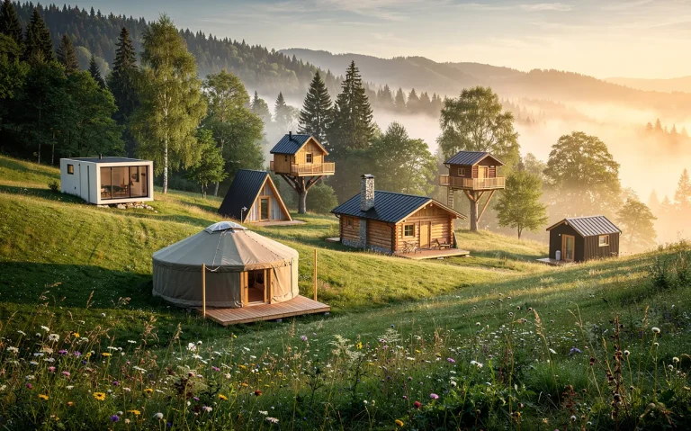 Six cabanes et tiny houses de formes variées sont installées au milieu des collines verdoyantes et des forêts jurassiennes, entourées de brume matinale et de fleurs sauvages sous une lumière douce de lever du soleil.