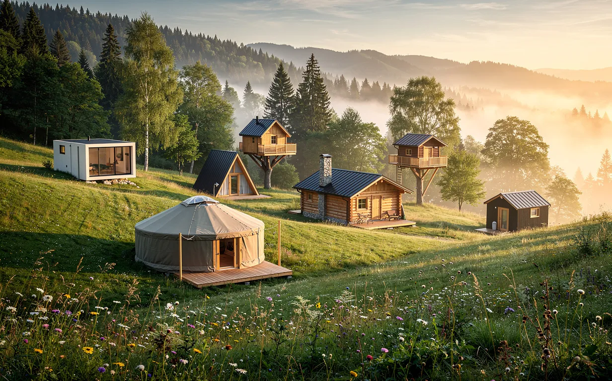 Six cabanes et tiny houses de formes variées sont installées au milieu des collines verdoyantes et des forêts jurassiennes, entourées de brume matinale et de fleurs sauvages sous une lumière douce de lever du soleil.