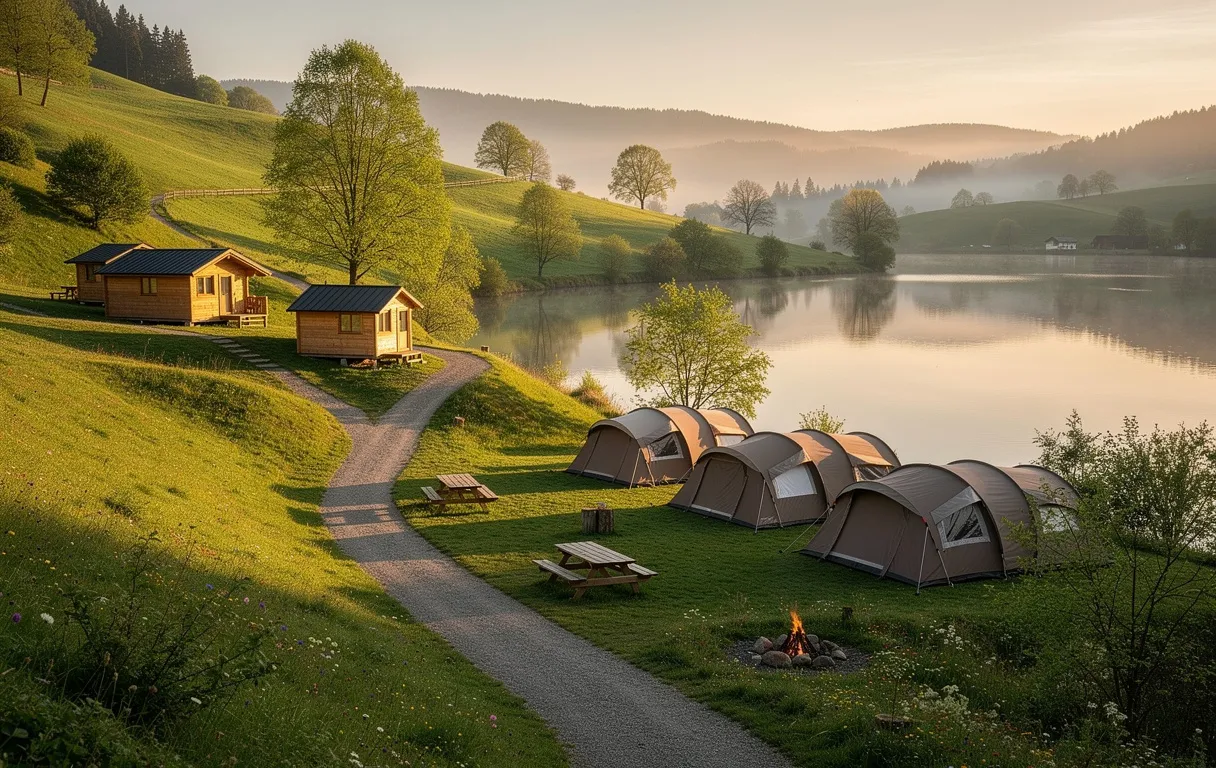 Un camping trois étoiles avec tentes et cabanes en bois borde un lac paisible au milieu de collines verdoyantes sous une douce lumière.