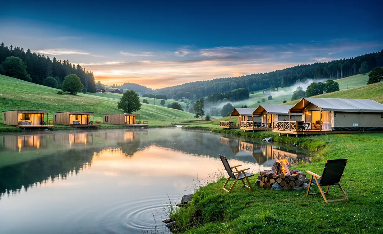 Un camping paisible au bord d’un lac entouré de collines verdoyantes du Jura, avec des tentes et des cabanes modernes sous un ciel bleu reflété dans l’eau au coucher du soleil.