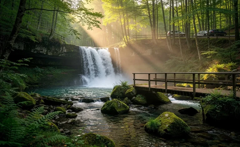 Une cascade s’écoule sur des rochers couverts de mousse dans une clairière forestière, avec une passerelle en bois et un parking visible entre les arbres sous une lumière matinale.