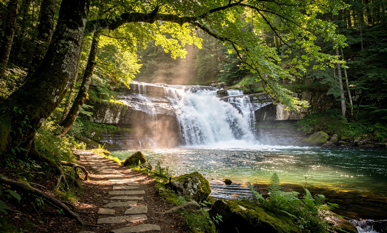 Cascade de Xorroxin tombant dans une forêt verdoyante avec un sentier étroit serpentant entre des rochers moussus sous une lumière tamisée.