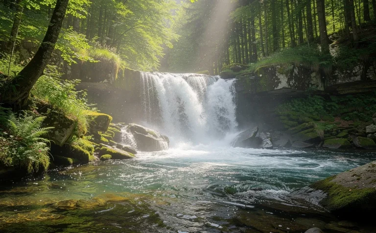 Cascade du bief de la ruine traversant une forêt verdoyante avec des rayons de soleil et de la brume au-dessus de l’eau.