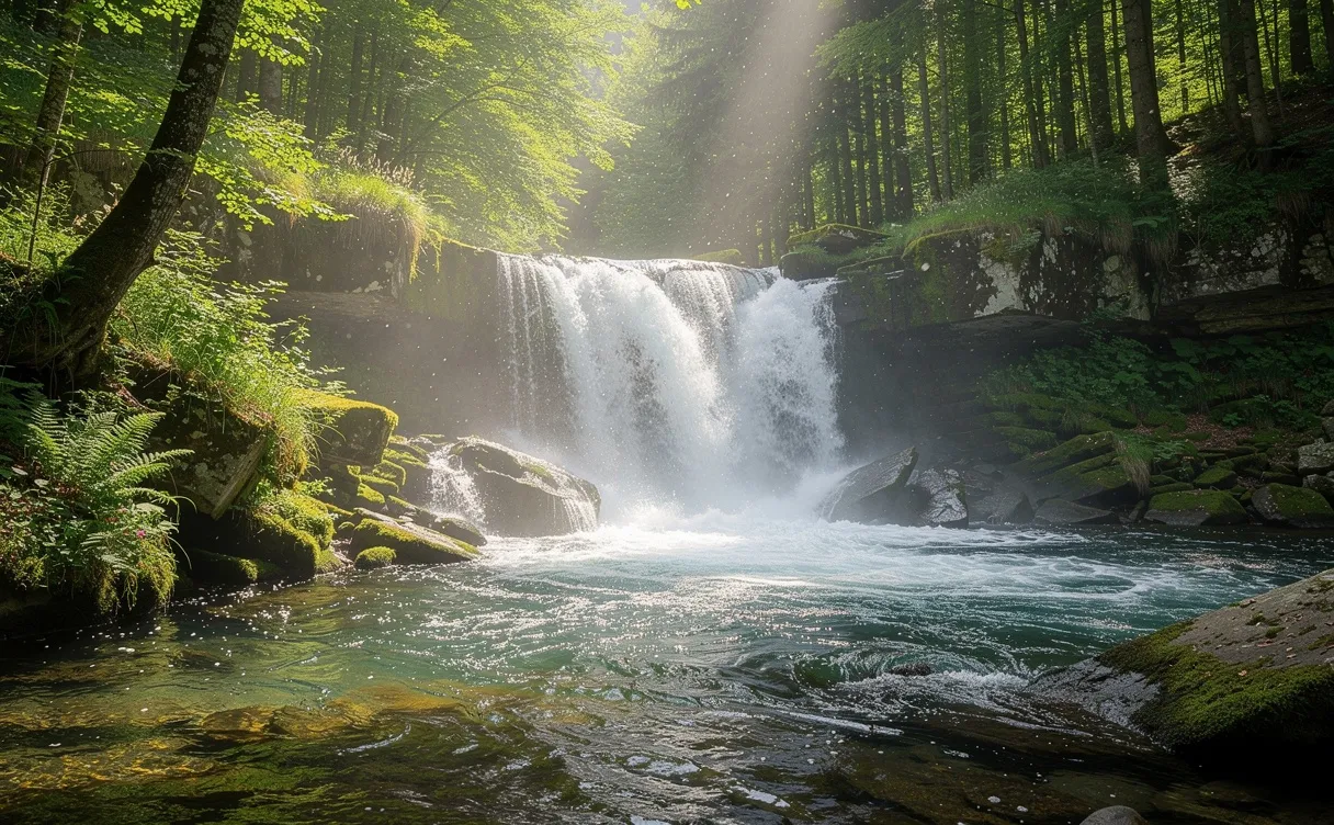Cascade du bief de la ruine traversant une forêt verdoyante avec des rayons de soleil et de la brume au-dessus de l’eau.