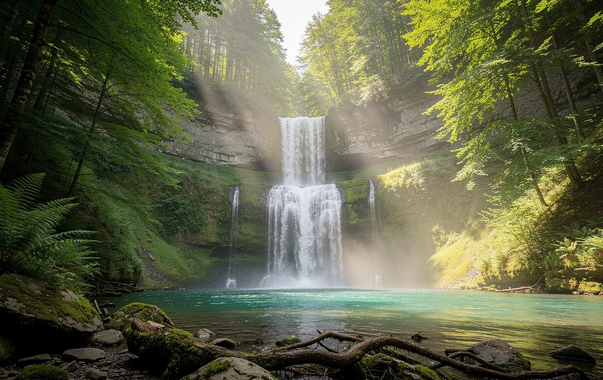 Cascade du Hérisson chutant le long de falaises verdoyantes dans le Jura, avec brume au-dessus d’un bassin turquoise et lumière filtrée parmi les arbres.