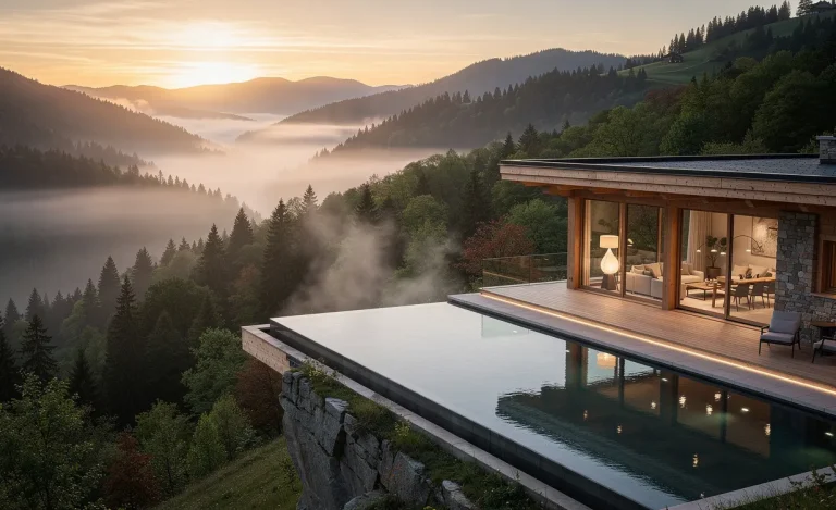 Un chalet isolé dans les collines verdoyantes du Jura avec terrasse, piscine à débordement et grandes baies vitrées donnant sur une forêt embrumée au lever du soleil.
