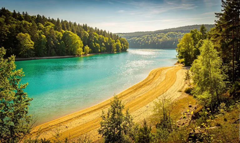 Lac de Vouglans aux eaux turquoise bordé de plages dorées et de forêts verdoyantes sous un ciel d’été lumineux.