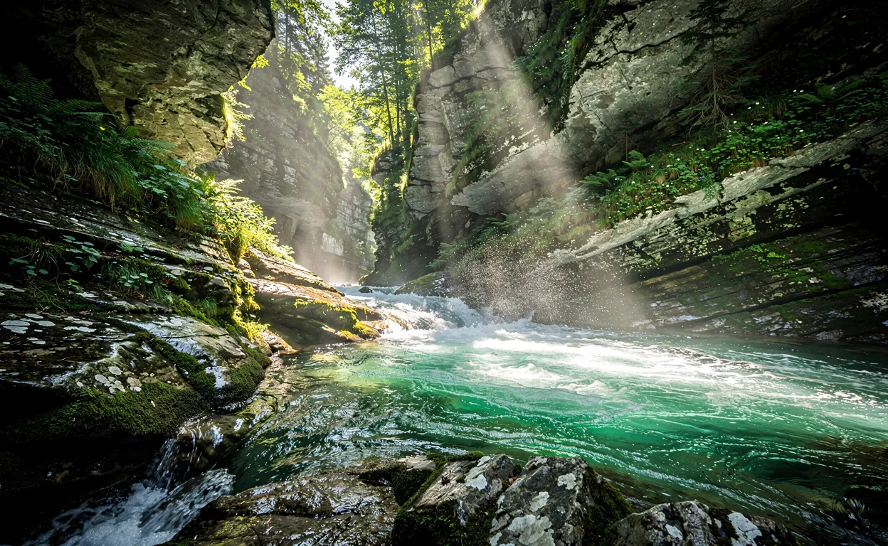 Vue photoréaliste de la gorge de la Langouette dans le Jura avec de l’eau émeraude s’écoulant entre des parois abruptes et moussues sous une lumière tamisée.