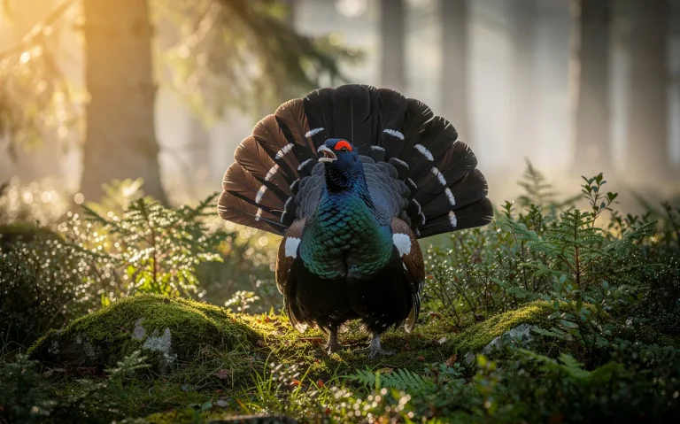Un grand tétras déploie son plumage au milieu d’une clairière verdoyante, dans une lumière douce du matin.