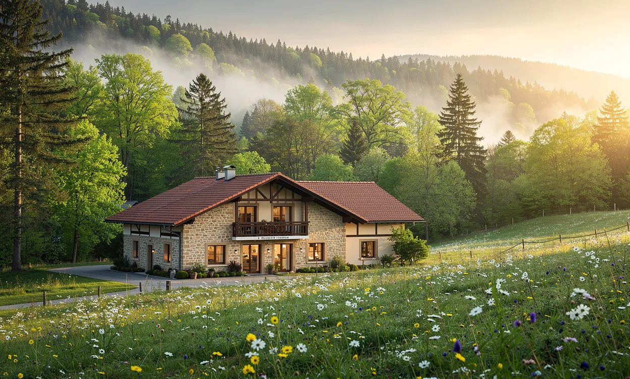 Un hôtel de charme se dresse au milieu des collines verdoyantes du Jura, entouré de forêt, de fleurs sauvages et d'une brume matinale sous la lumière dorée du lever du soleil.