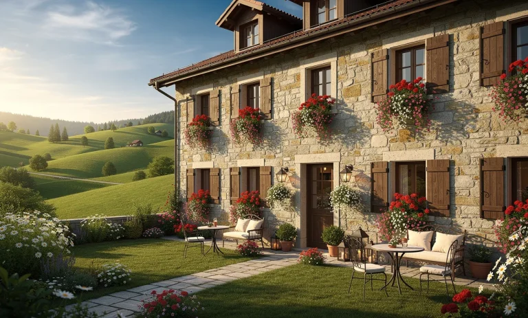 Un hôtel-boutique en pierre avec des jardinières fleuries et un jardin tranquille se trouve dans les collines verdoyantes du Jura sous une lumière dorée.