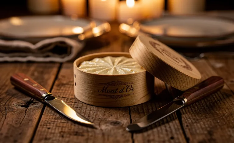 Un Mont d'Or dans une boîte en bois est posé sur une table rustique pour deux personnes, accompagné de couteaux à fromage et éclairé par une lumière de bougie dorée.