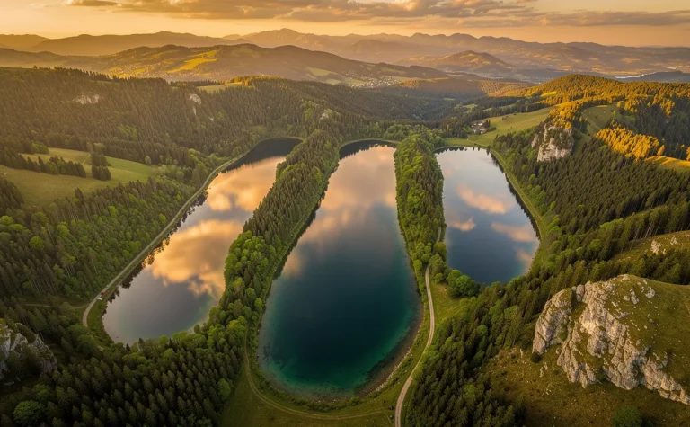 Vue aérienne des quatre lacs du Jura entourés de forêts verdoyantes et de collines, avec des reflets ambrés sur l’eau au coucher du soleil.