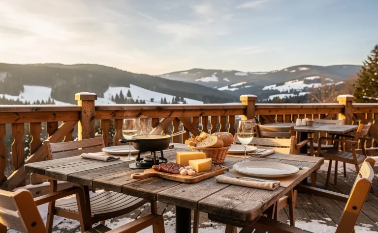 Terrasse d’un restaurant de montagne à Foncine-le-Haut avec table en bois rustique garnie de spécialités locales et vue sur les collines du Jura légèrement enneigées sous une lumière dorée.