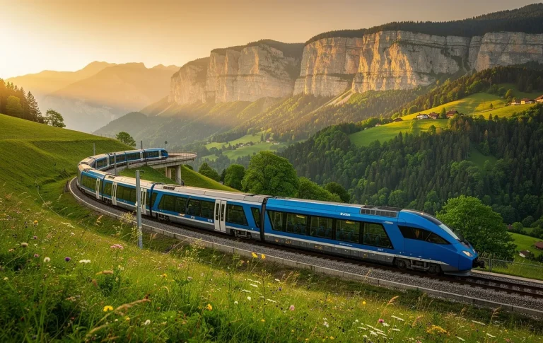 Un train bleu et blanc traverse des vallées verdoyantes et des falaises de calcaire du Jura sous un ciel doré en soirée.