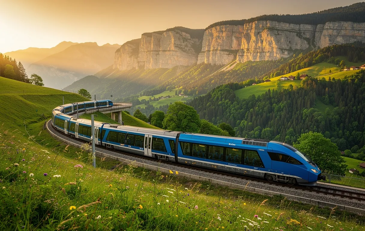 Un train bleu et blanc traverse des vallées verdoyantes et des falaises de calcaire du Jura sous un ciel doré en soirée.