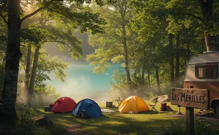 Un paisible campement avec des tentes colorées et un panneau en bois "Les Mérilles" est installé au bord d’un lac turquoise entouré d’arbres verdoyants sous une douce lumière matinale.