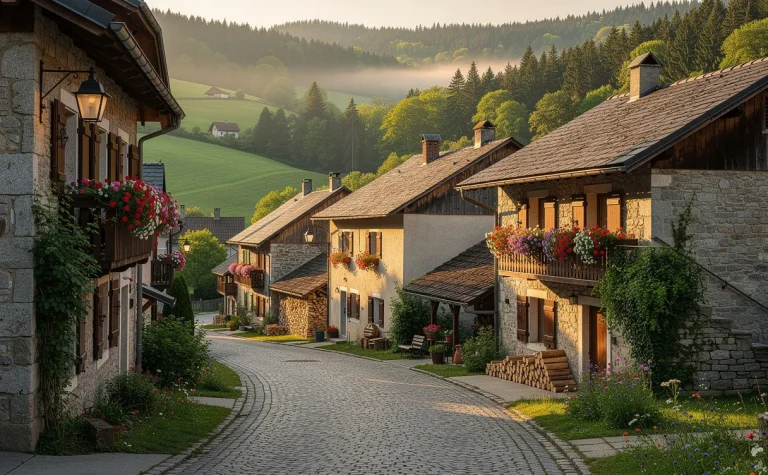 Un village jurassien entouré de collines verdoyantes et de forêts, avec des maisons en pierre, des rues pavées étroites et des jardinières fleuries sous une lumière matinale dorée.